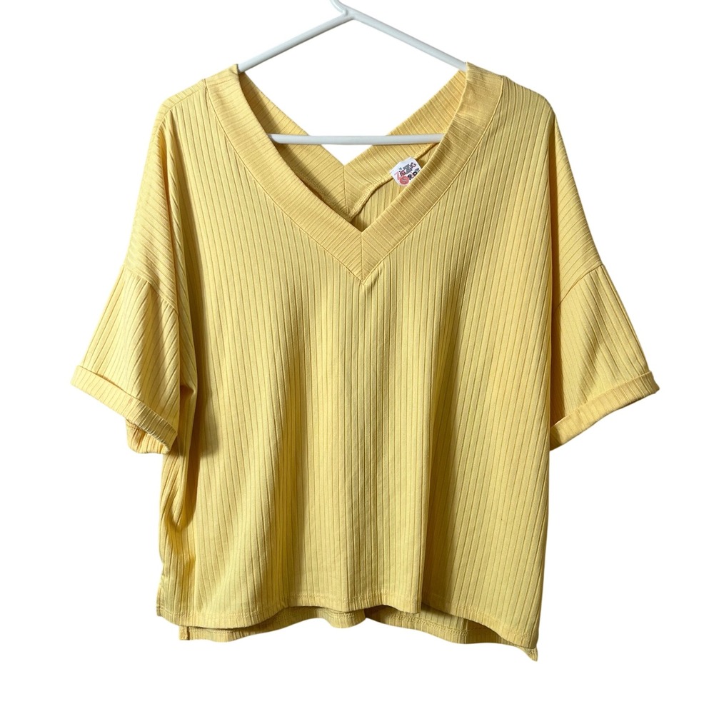 The ZigZag Stripe Yellow Ribbed V-Neck Top Size S Oversized Boho Casual Summer S